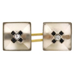 Art Deco Carved Rock Quartz Crystal, Onyx and Diamond Cufflinks