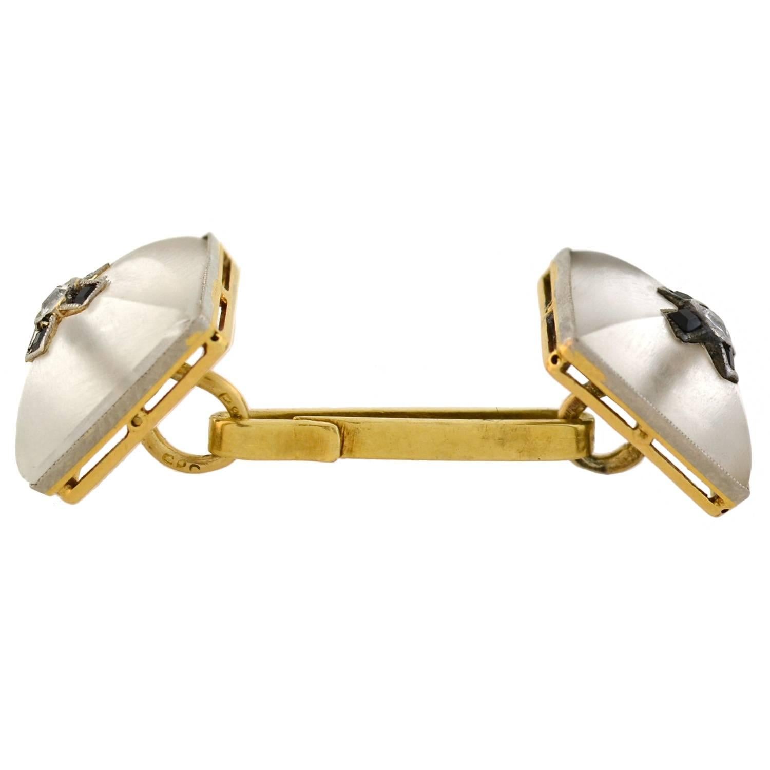 Art Deco Carved Rock Quartz Crystal, Onyx and Diamond Cufflinks In Excellent Condition For Sale In Narberth, PA