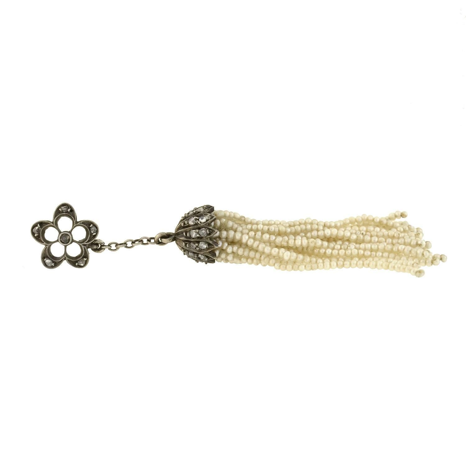 Victorian Rose Cut Diamond Seed Pearl Tassel Earrings 1