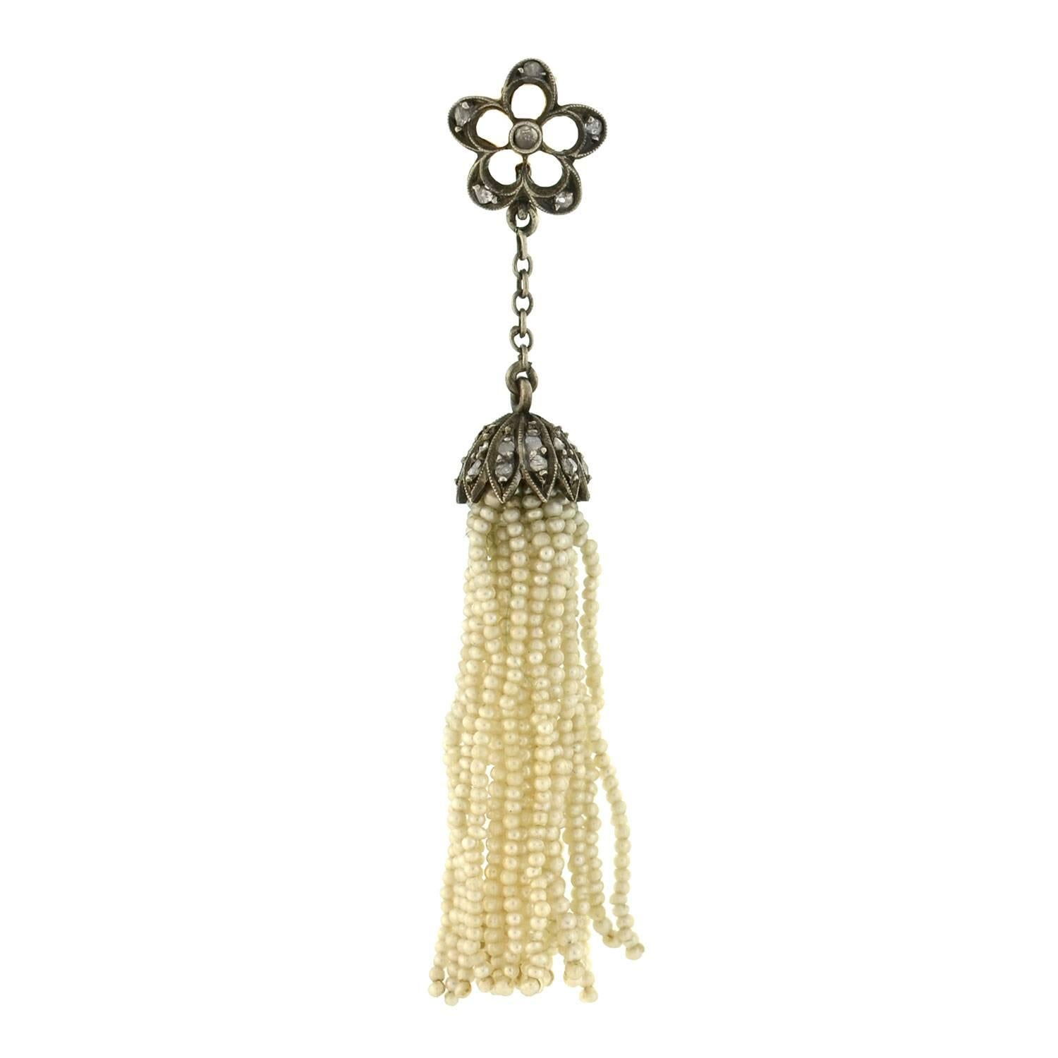 Victorian Rose Cut Diamond Seed Pearl Tassel Earrings In Excellent Condition In Narberth, PA