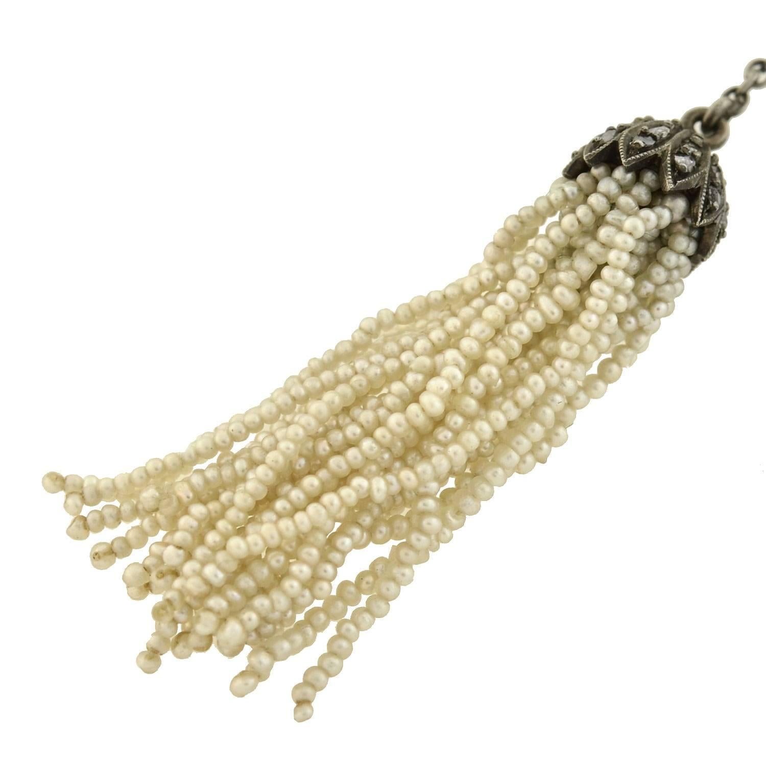 Women's Victorian Rose Cut Diamond Seed Pearl Tassel Earrings