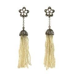 Victorian Rose Cut Diamond Seed Pearl Tassel Earrings