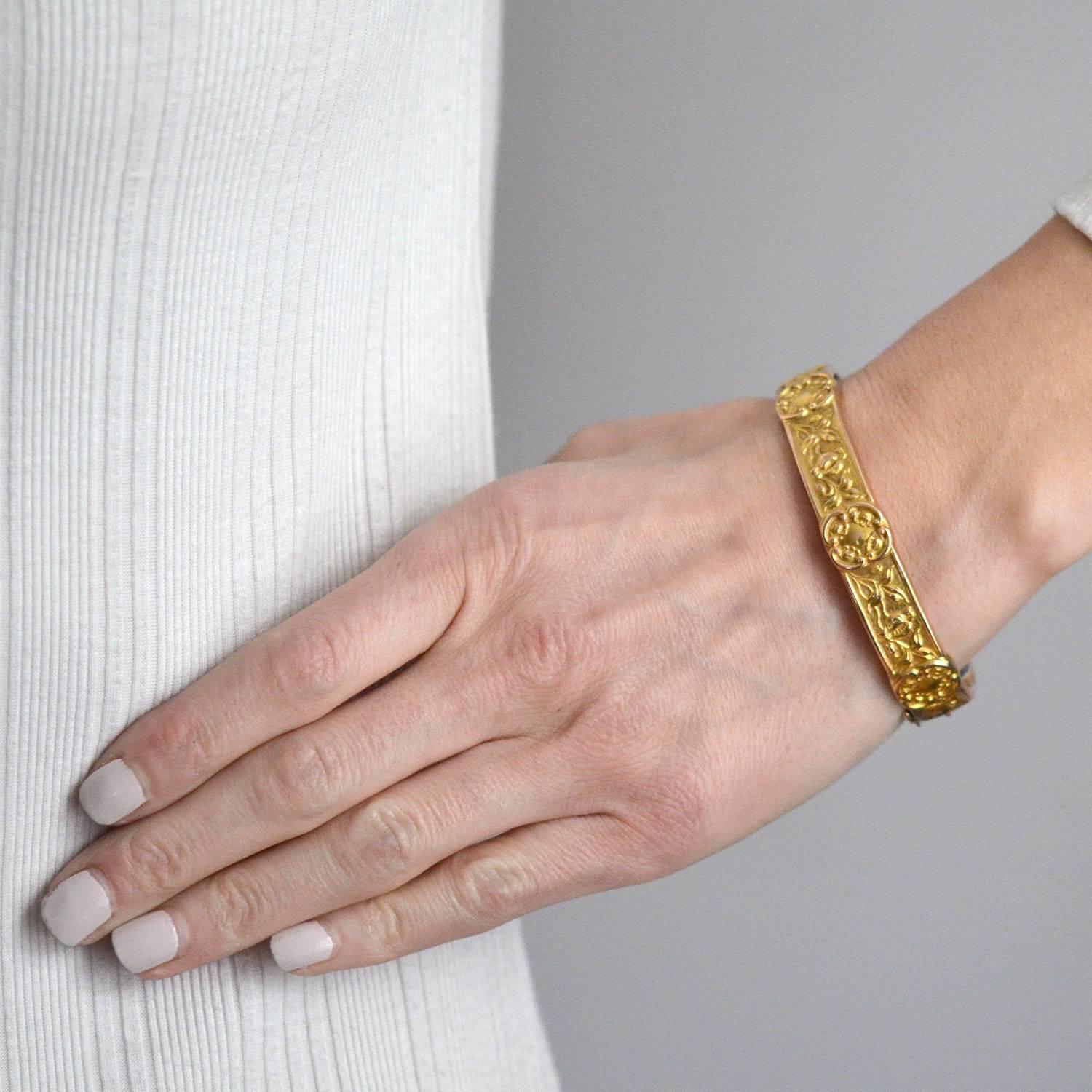 Art Nouveau Gold Repousse Bangle Bracelet With Floral Motif 2