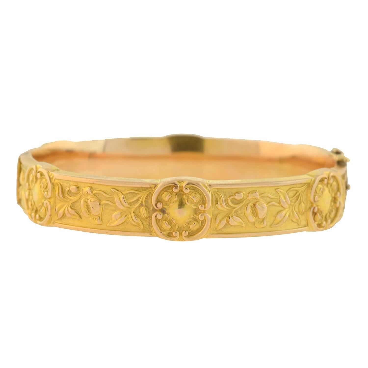 Art Nouveau Gold Repousse Bangle Bracelet With Floral Motif