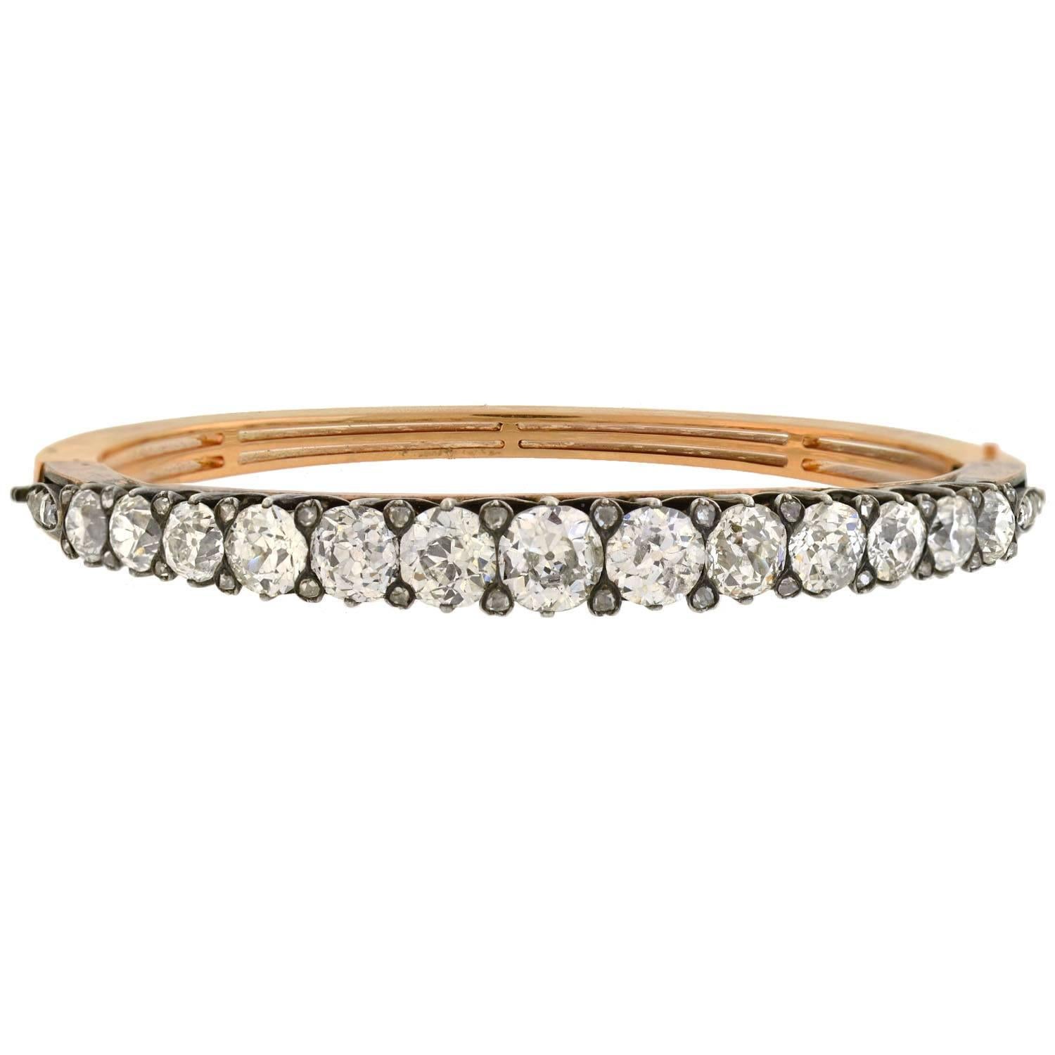 French Victorian Old Mine and Rose Cut Diamond Bangle Bracelet