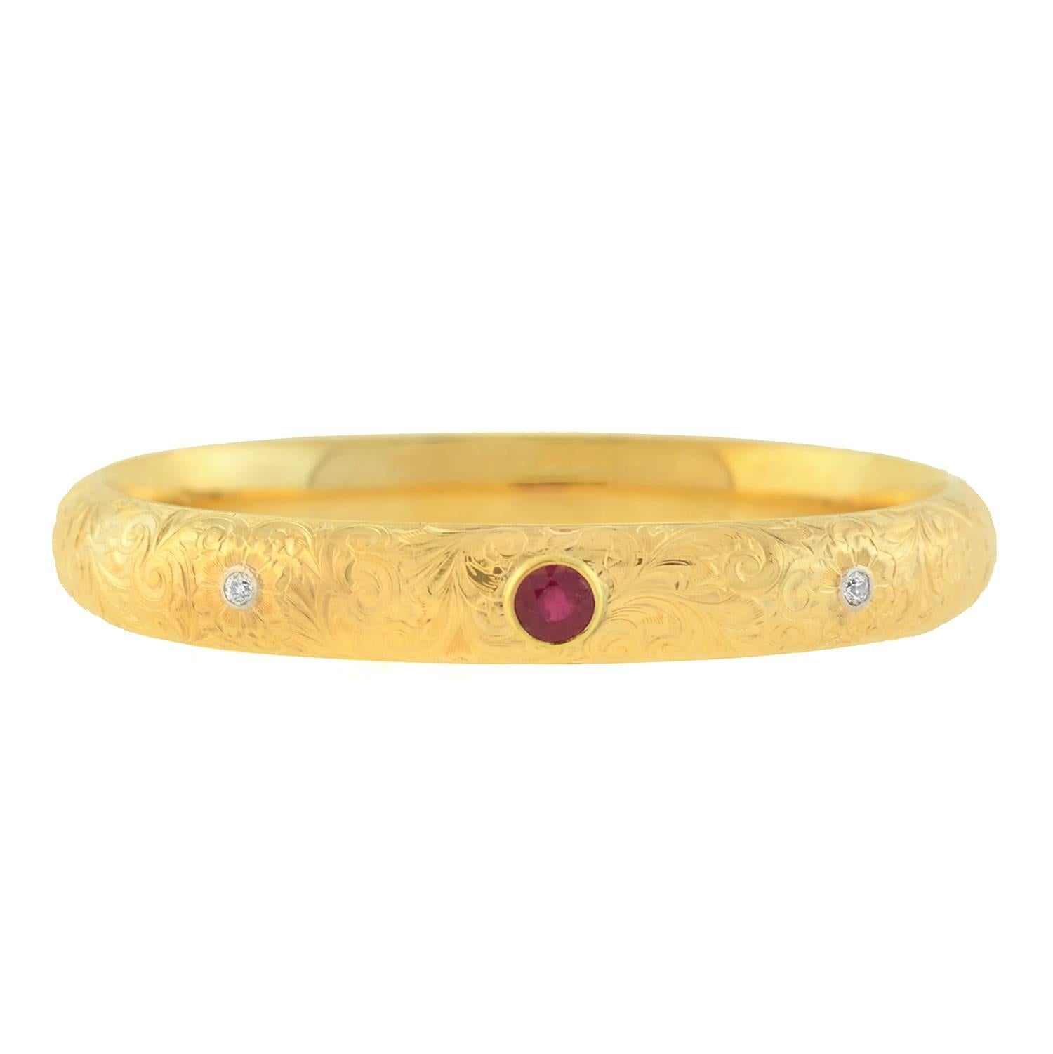 Riker Brothers Art Nouveau Ruby Diamond Etched Gold Bracelet