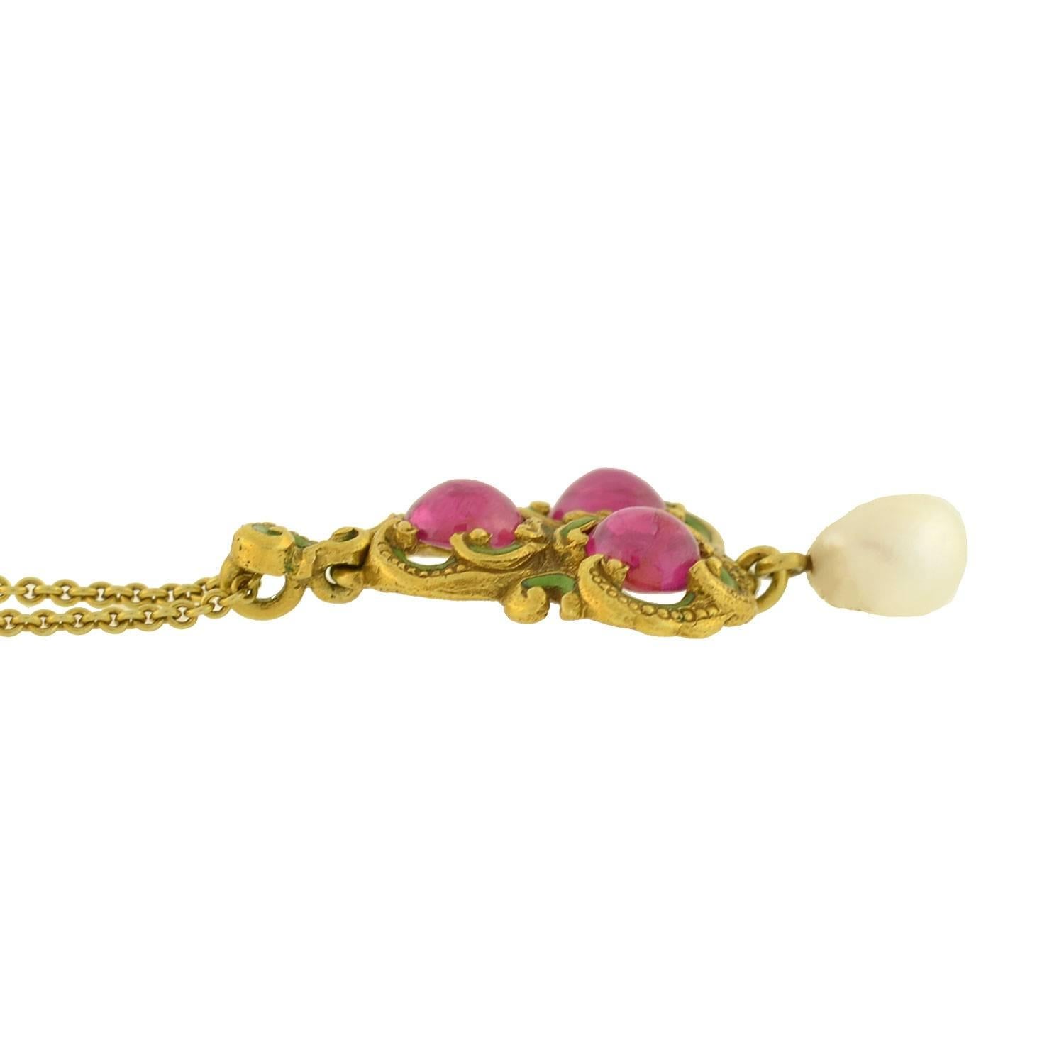 Women's Art Nouveau Natural Ruby Pearl Enameled Pendant Necklace