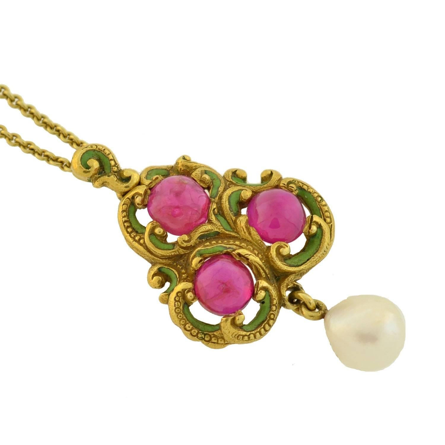 Art Nouveau Natural Ruby Pearl Enameled Pendant Necklace In Excellent Condition In Narberth, PA