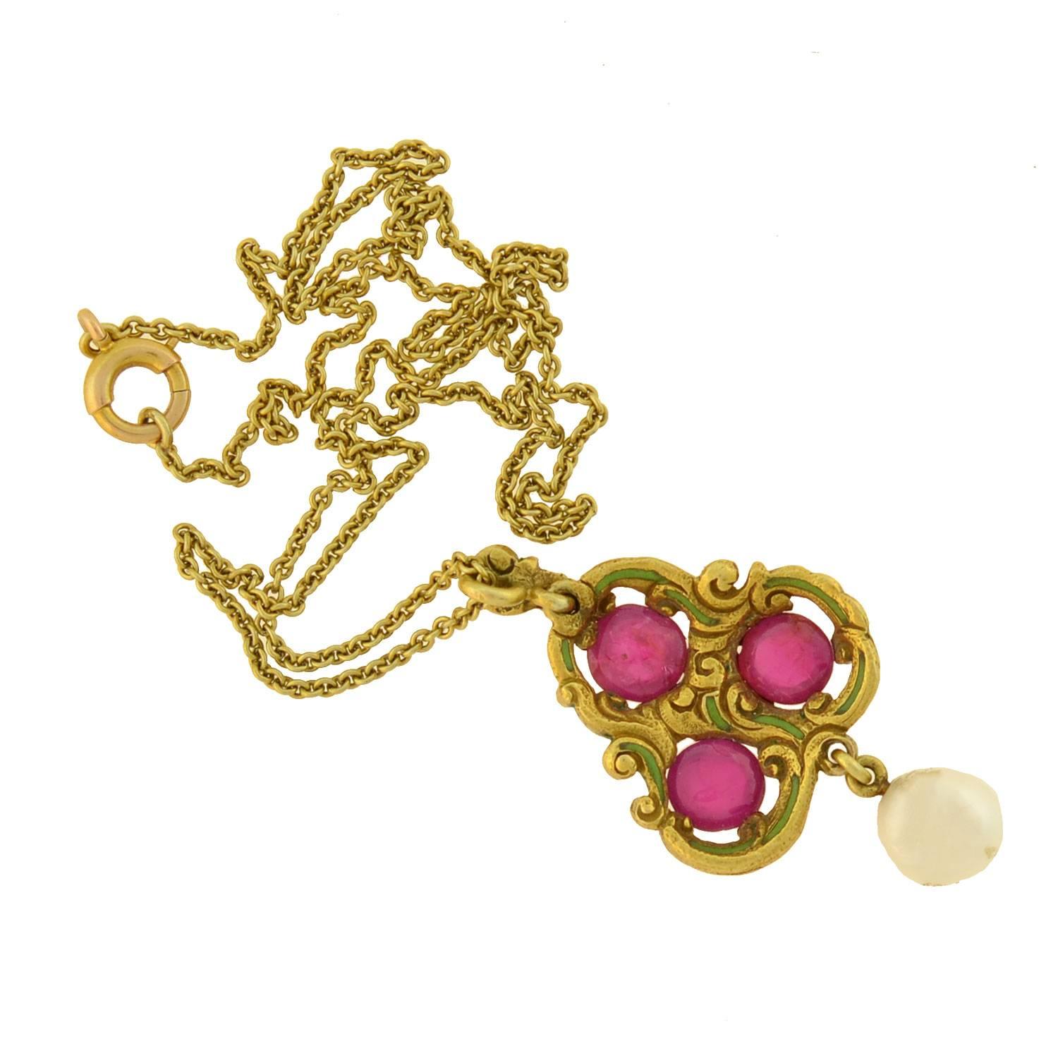 Art Nouveau Natural Ruby Pearl Enameled Pendant Necklace 1