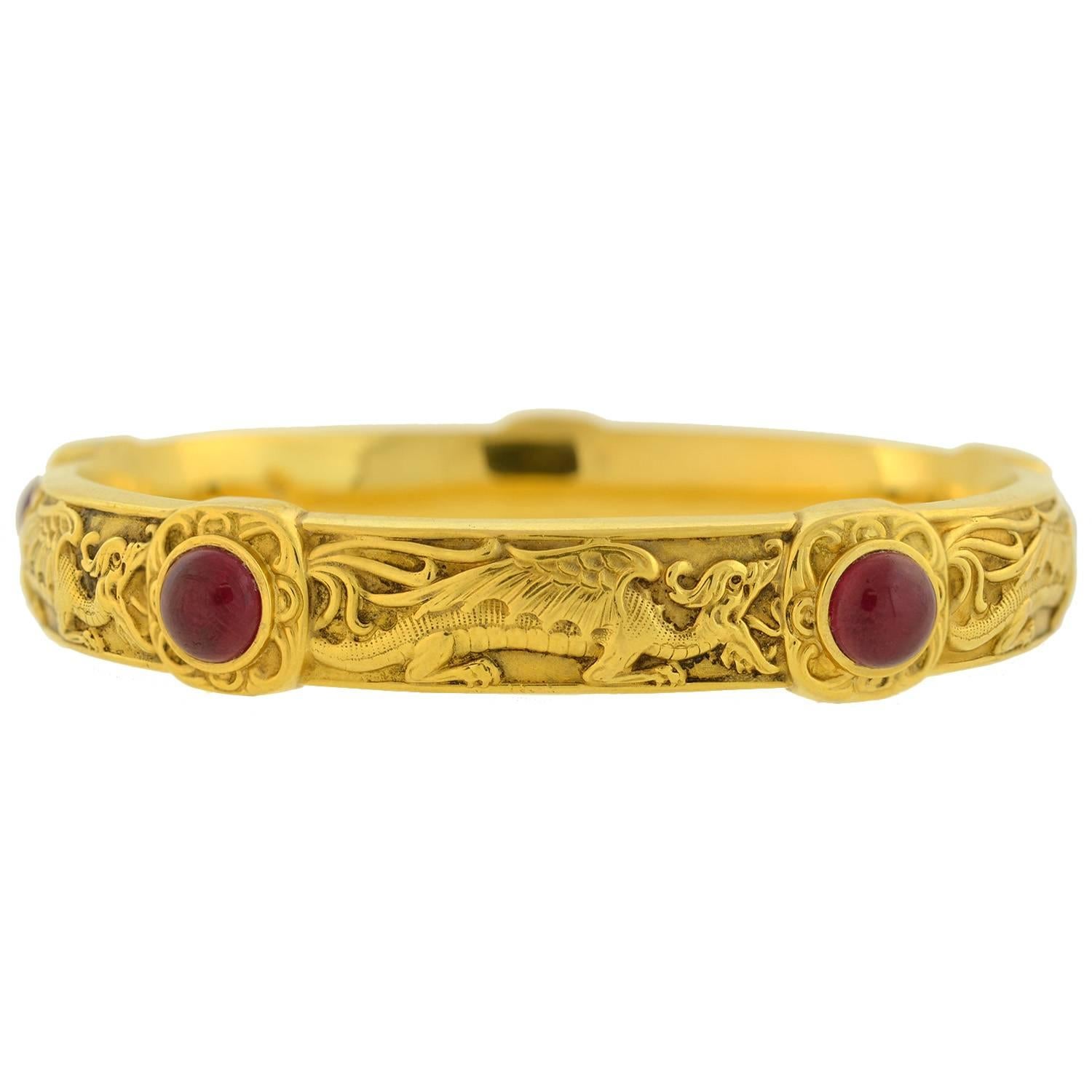 Riker Brothers Art Nouveau Cabochon Ruby Dragon Motif Bangle Bracelet In Excellent Condition In Narberth, PA