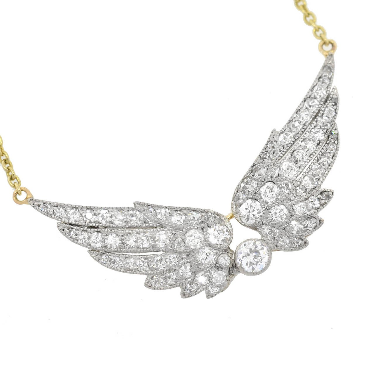 Edwardian Diamond Platinum Gold Wing Necklace In Excellent Condition In Narberth, PA