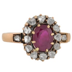 Victorian Burmese Ruby Rose Cut Diamond Gold Cluster Ring