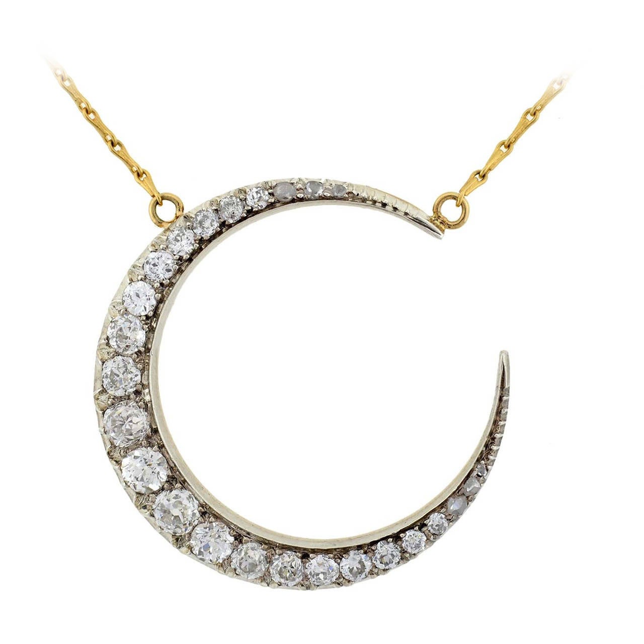 Victorian Diamond Silver Gold Crescent Necklace