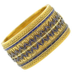 Victorian Blue Enamel Etruscan Gold Bangle Bracelet