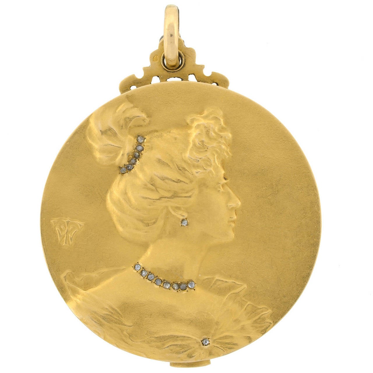 Art Nouveau French Repousse Rose Cut Diamond Gold Slide Mirror