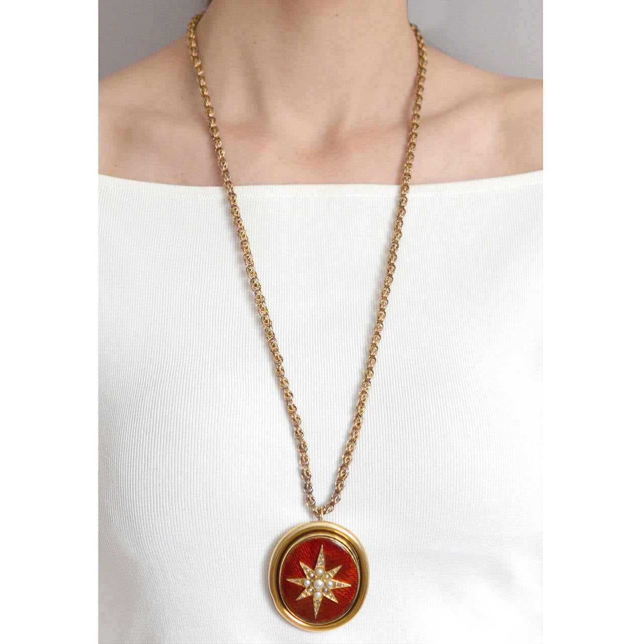 Women's Art Nouveau Guilloche Enamel Pearl Diamond Gold Locket Necklace