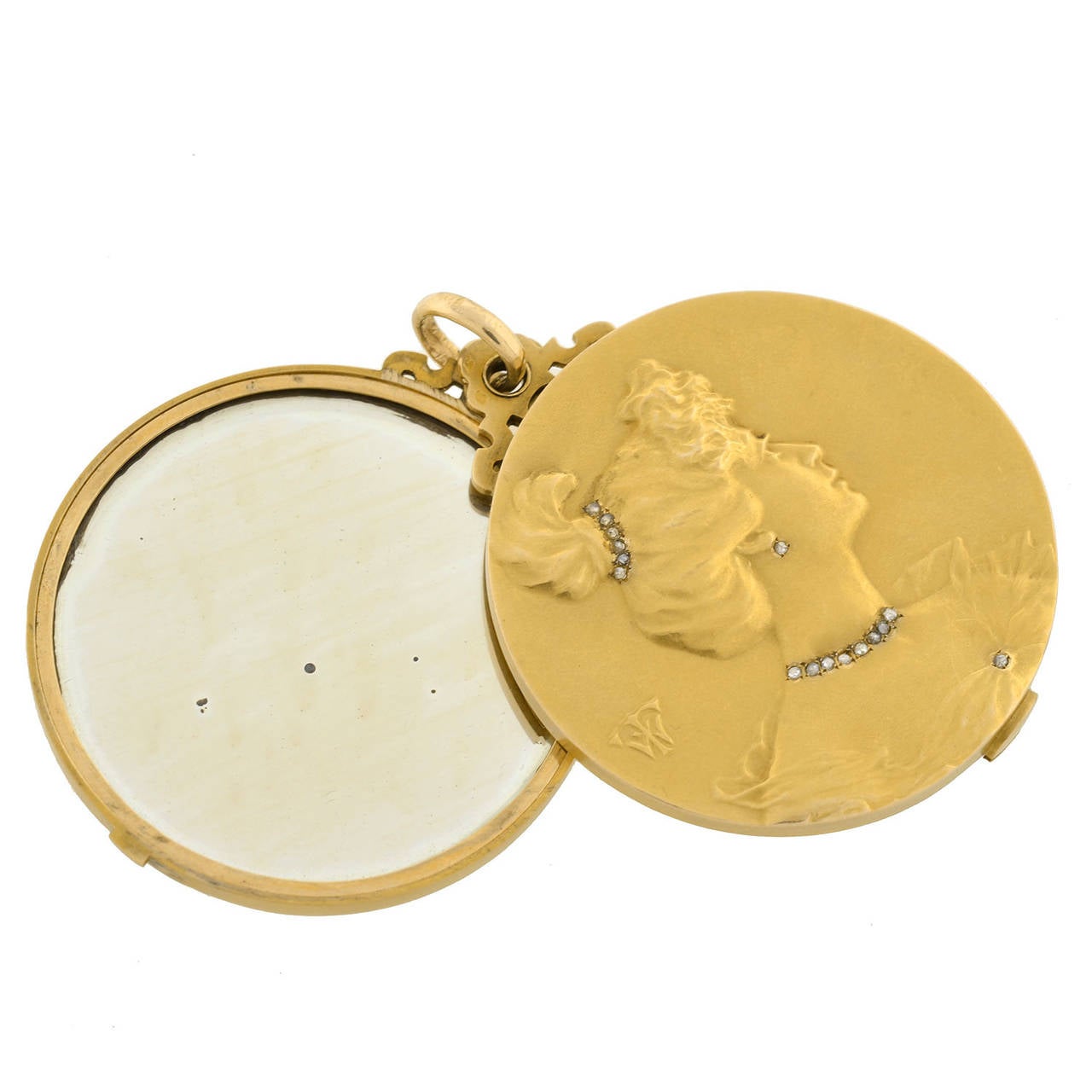 Women's Art Nouveau French Repousse Rose Cut Diamond Gold Slide Mirror