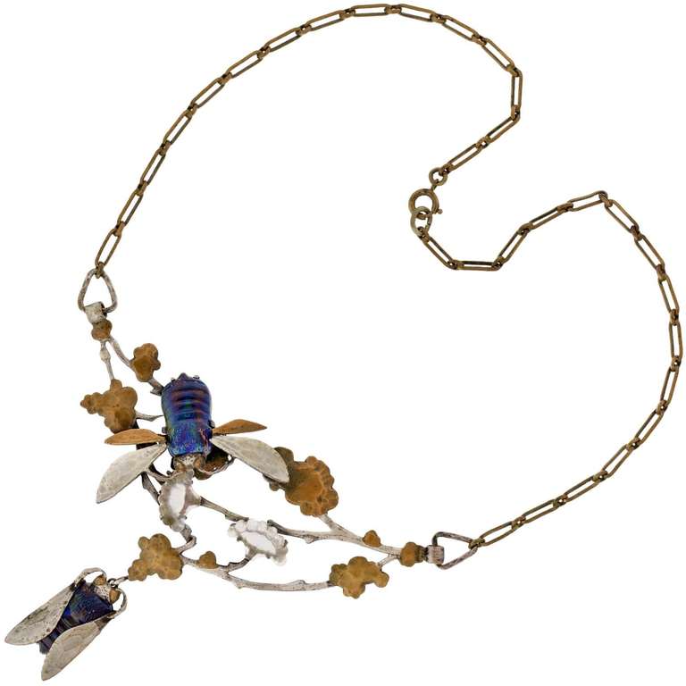 Women's Art Nouveau French Silver & Brass Art Glass Bug Necklace