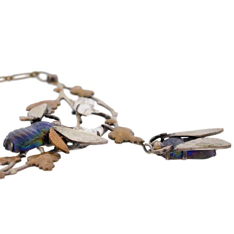 Art Nouveau French Silver & Brass Art Glass Bug Necklace 1