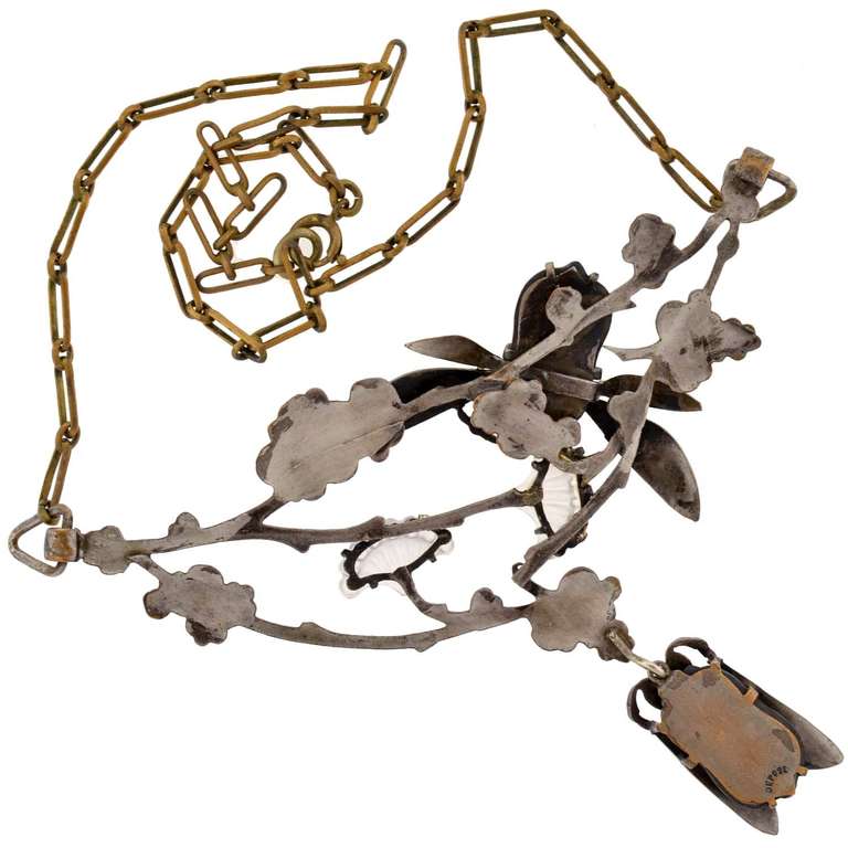 Art Nouveau French Silver & Brass Art Glass Bug Necklace 3