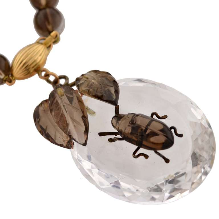 Women's Art Deco Rock Quartz and Smoky Topaz Beetle Necklace