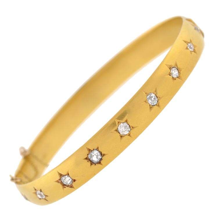 Victorian Diamond Starburst Gold Bangle Bracelet 1ctw