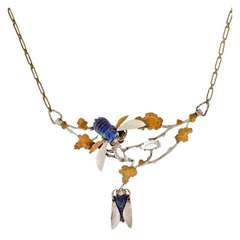 Antique Art Nouveau French Silver & Brass Art Glass Bug Necklace