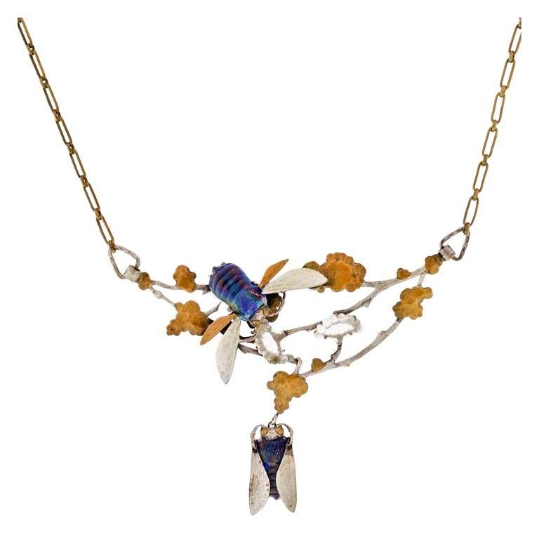 Art Nouveau French Silver & Brass Art Glass Bug Necklace
