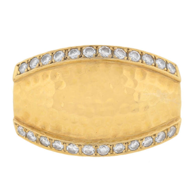 Contemporary Diamond Hammered Gold Ring In Excellent Condition In Narberth, PA