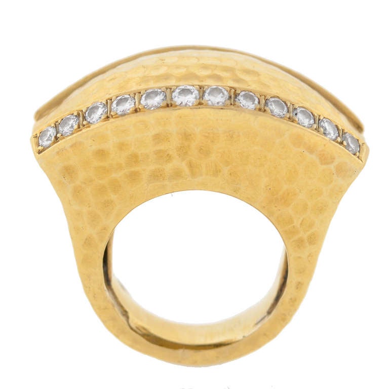 Contemporary Diamond Hammered Gold Ring 1