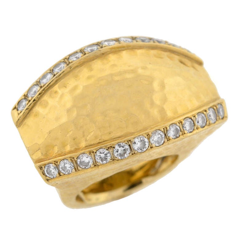 Contemporary Diamond Hammered Gold Ring 2