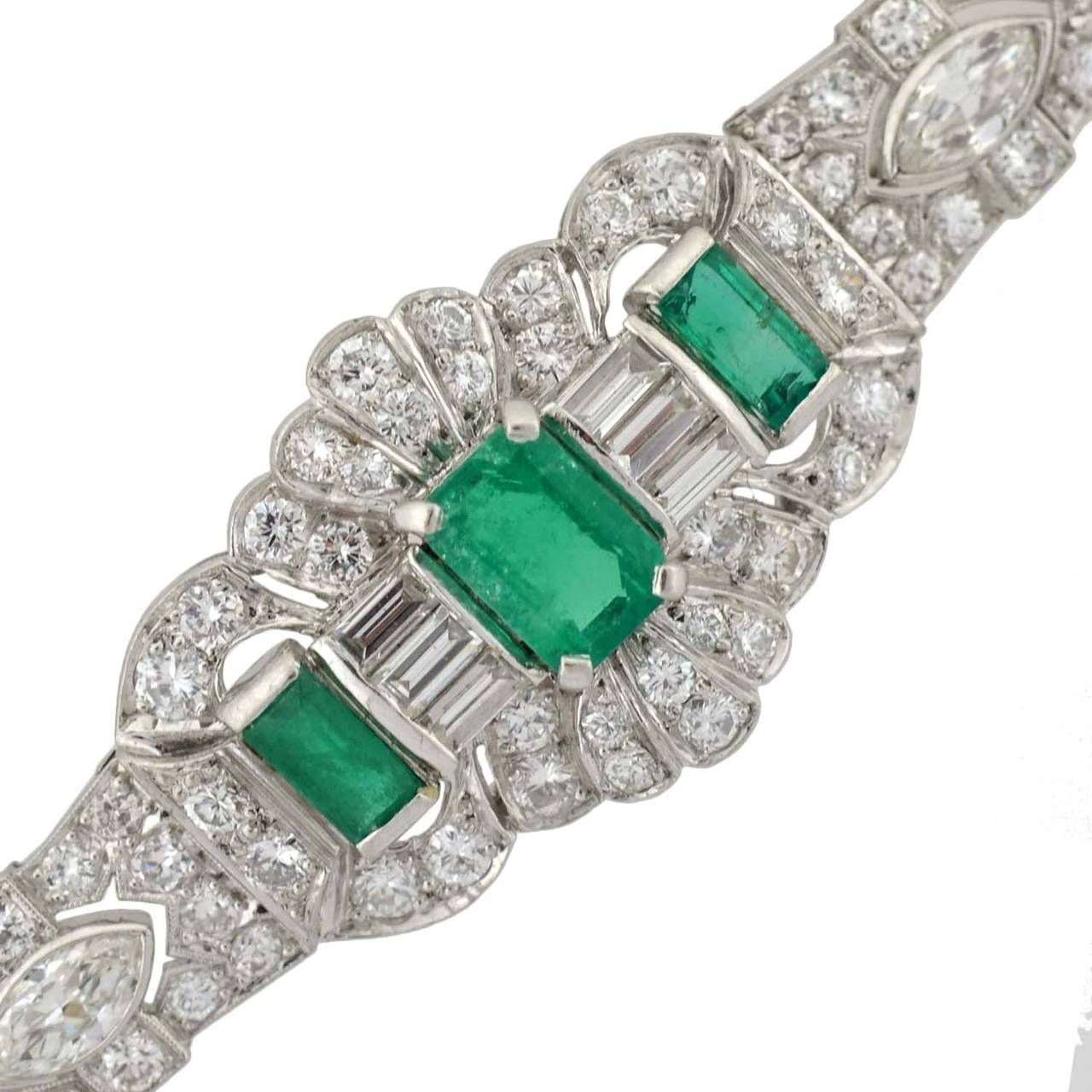 Art Deco Emerald Diamond Platinum Bracelet In Excellent Condition In Narberth, PA