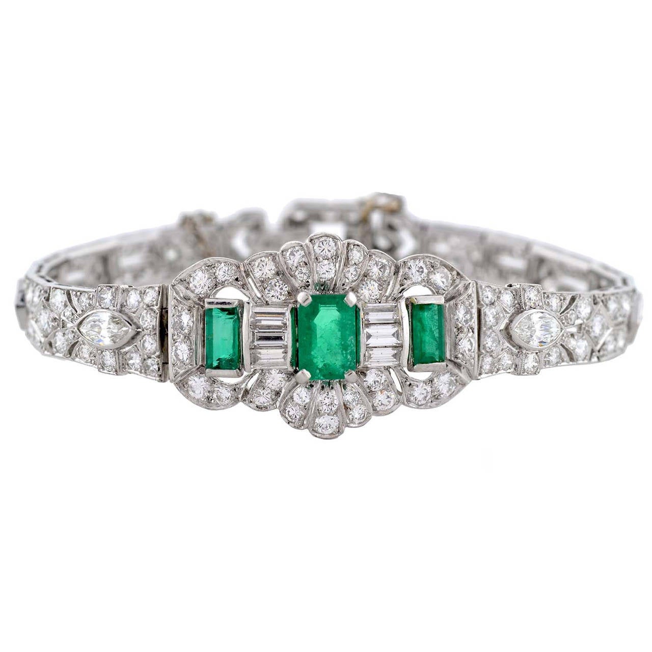 Art Deco Emerald Diamond Platinum Bracelet