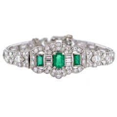 Vintage Art Deco Emerald Diamond Platinum Bracelet