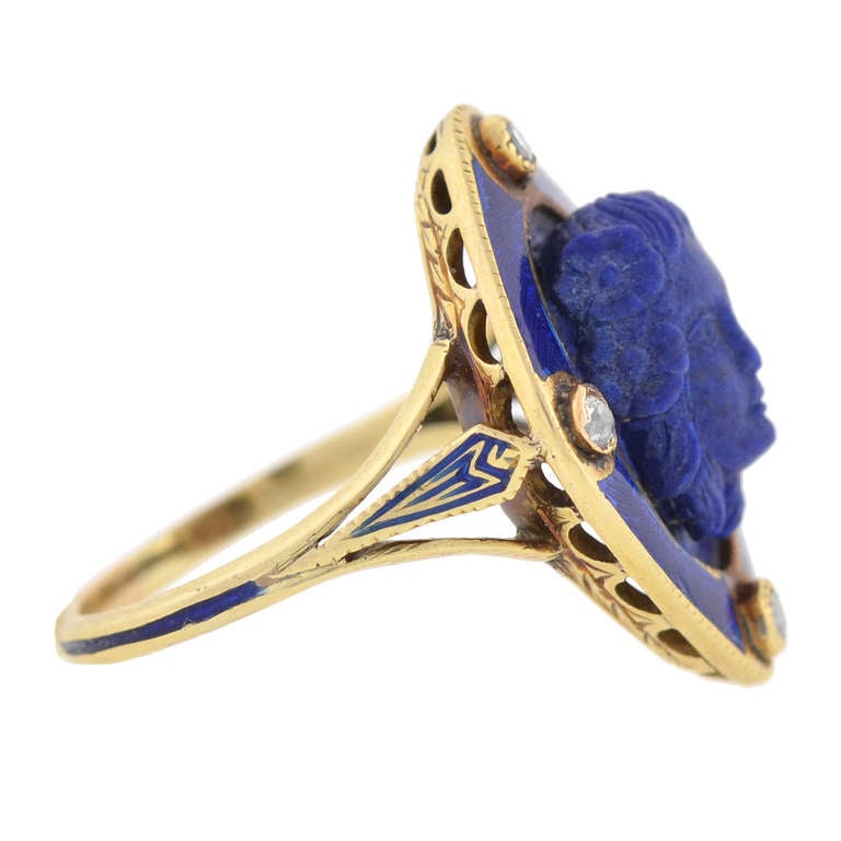 Victorian Carved Lapis Cameo, Diamond & Enamel Ring In Excellent Condition In Narberth, PA