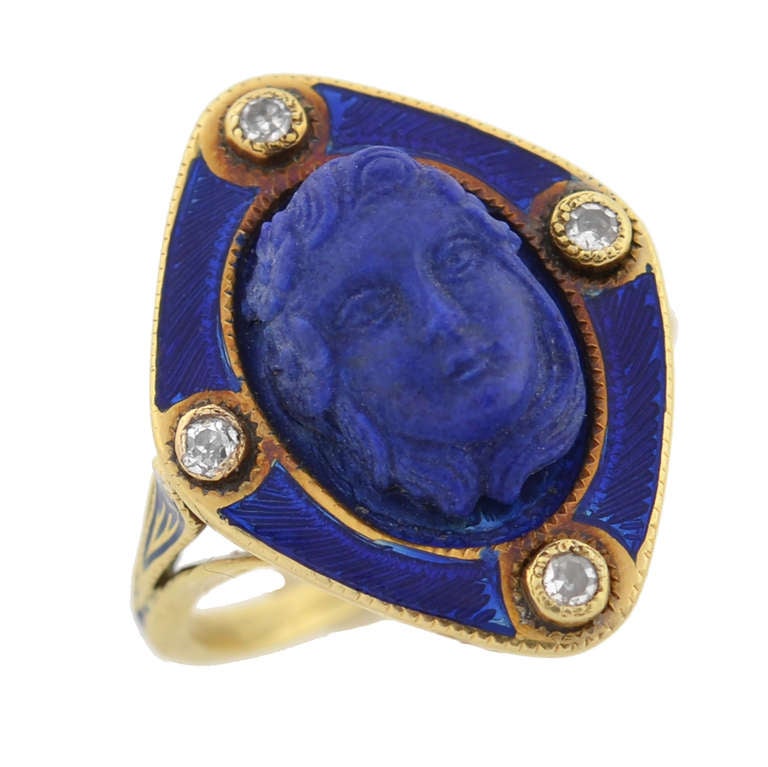 Victorian Carved Lapis Cameo, Diamond & Enamel Ring