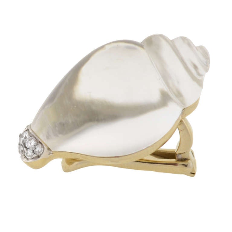VHERNIER Estate Rock Quartz, Mother of Pearl & Diamond Shell Earrings In Excellent Condition In Narberth, PA