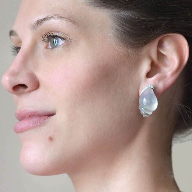 VHERNIER Estate Rock Quartz, Mother of Pearl & Diamond Shell Earrings 2