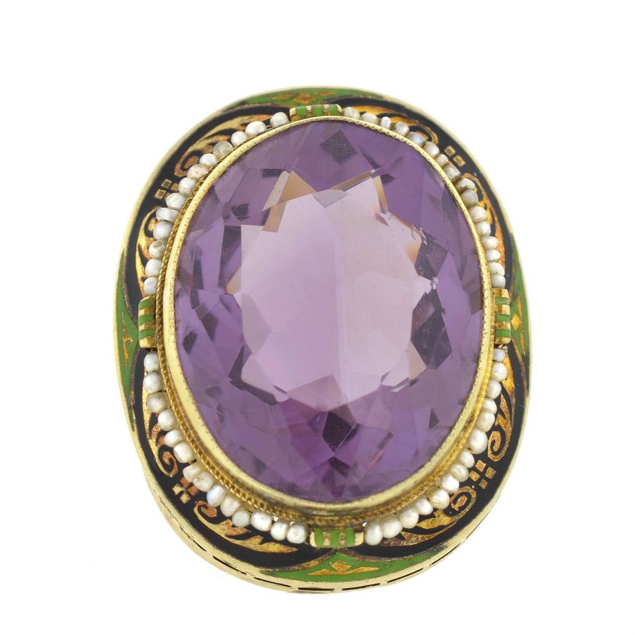 Art Deco Enameled Seed Pearl Amethyst Gold Cocktail Ring In Excellent Condition For Sale In Narberth, PA