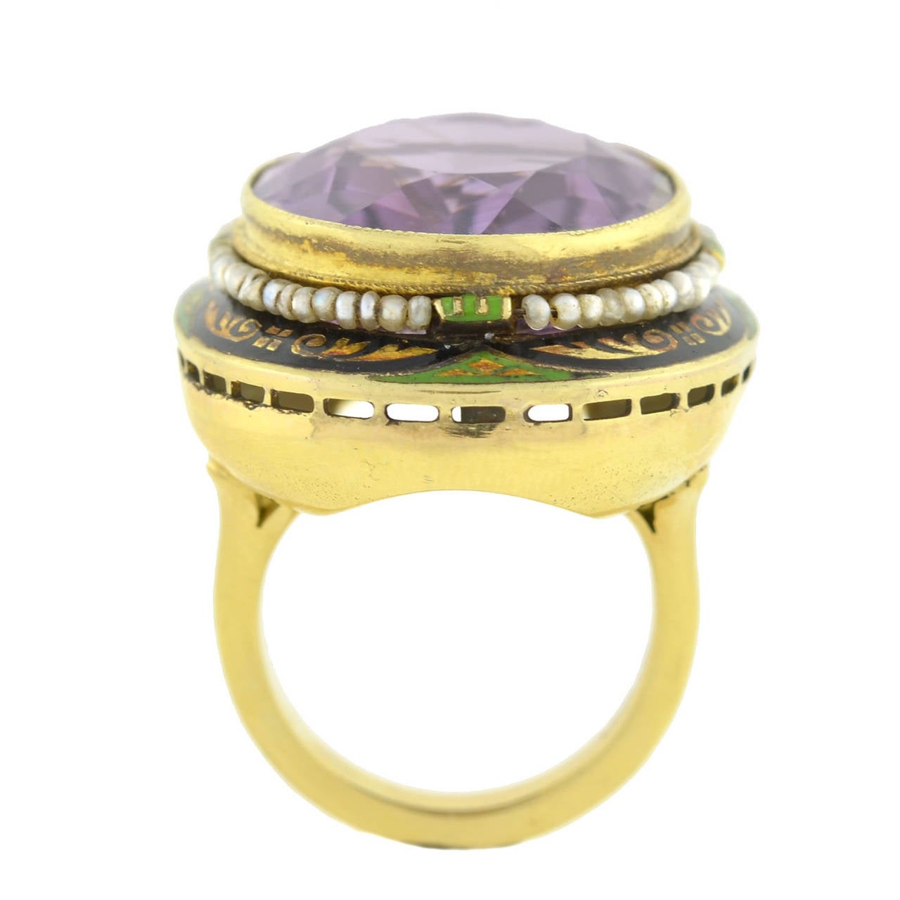 Women's Art Deco Enameled Seed Pearl Amethyst Gold Cocktail Ring For Sale