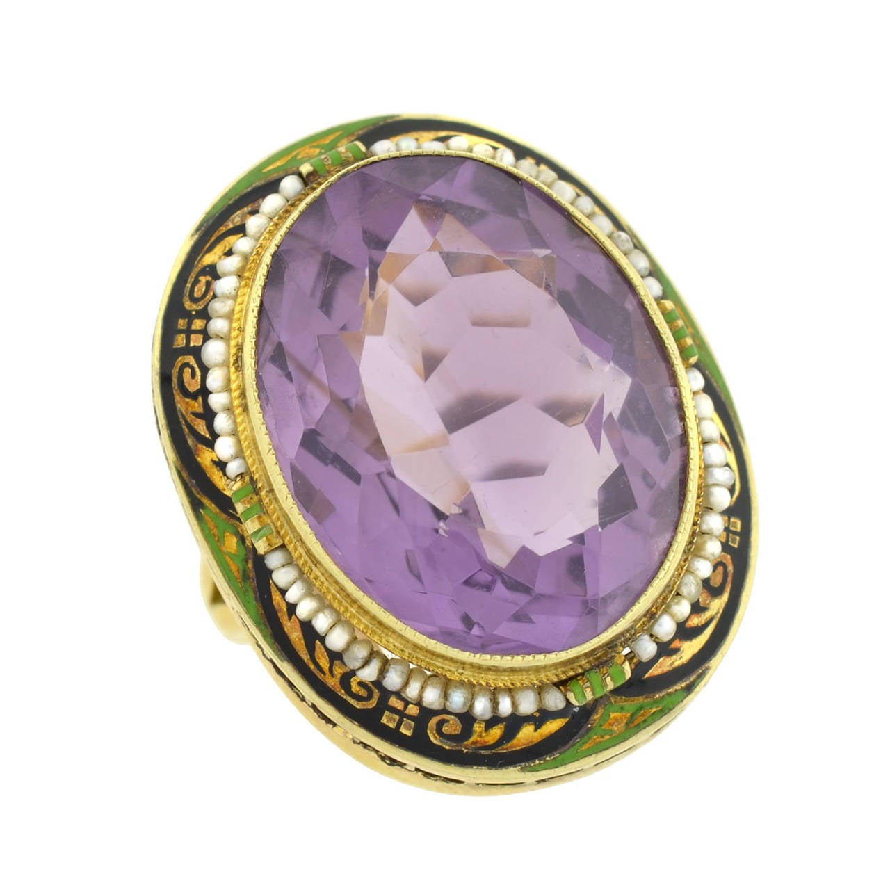 Art Deco Enameled Seed Pearl Amethyst Gold Cocktail Ring For Sale 1