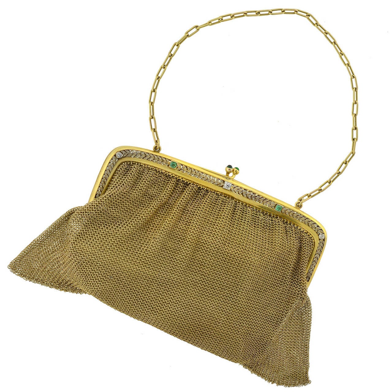 Edwardian Emerald Diamond Gold Mesh Purse