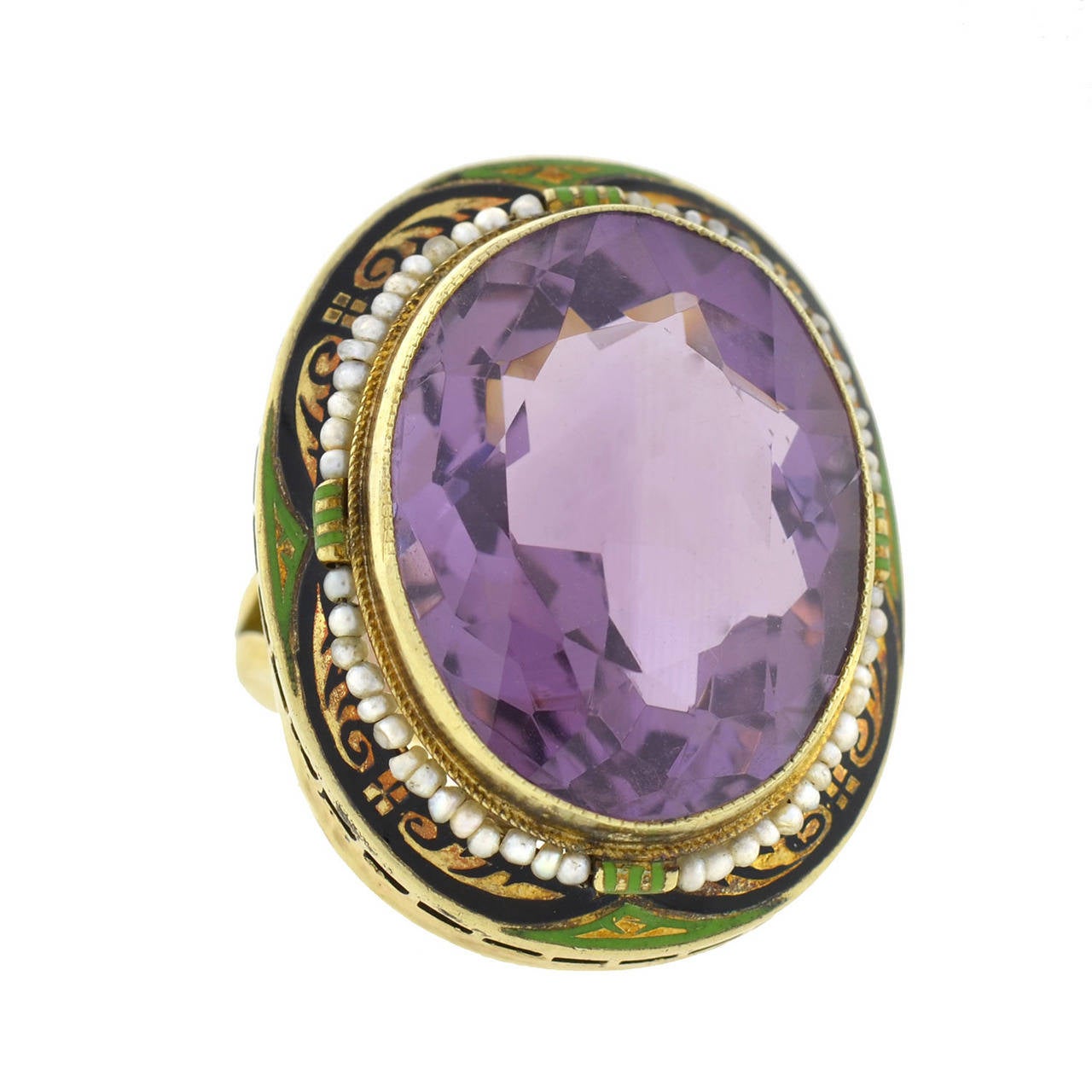 Art Deco Enameled Seed Pearl Amethyst Gold Cocktail Ring For Sale