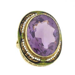 Art Deco Enameled Seed Pearl Amethyst Gold Cocktail Ring