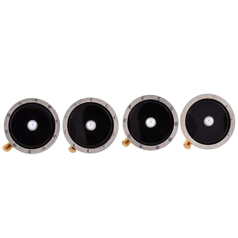LARTER & SONS Edwardian Onyx & Pearl 9 Piece Cufflink Set In Excellent Condition In Narberth, PA