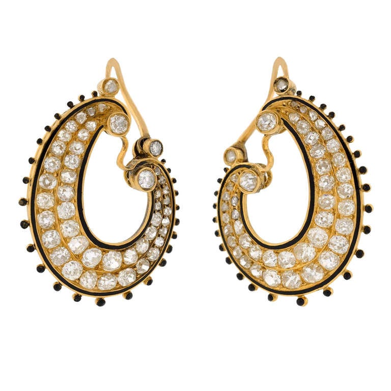 Victorian Diamond & Enamel Hoop Earrings