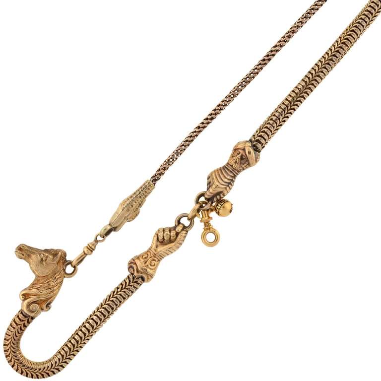 Victorian Heavy Gold Chain with Horse and Hand Motif In Excellent Condition In Narberth, PA