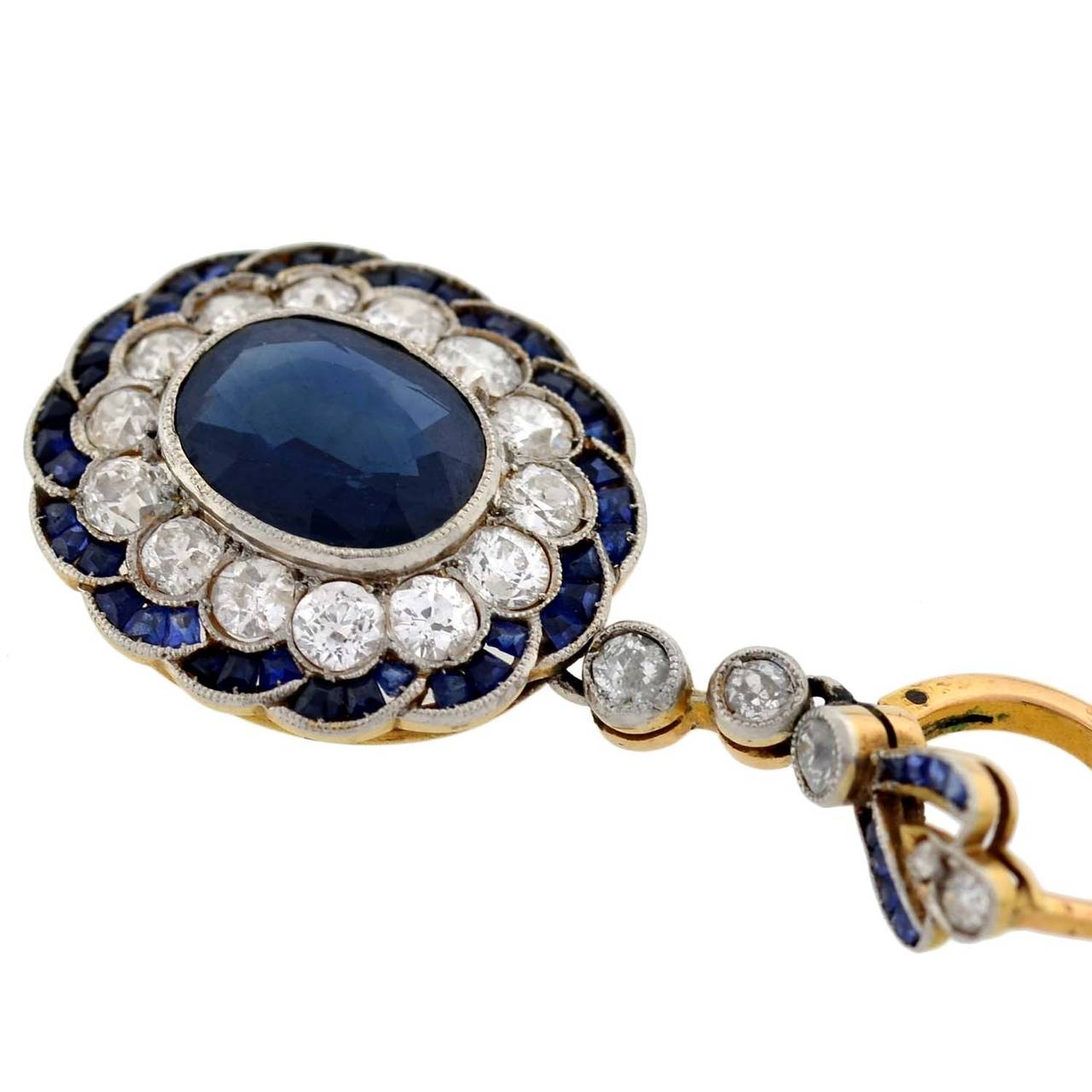 Edwardian Natural Sapphire Diamond Gold Dangle Earrings In Excellent Condition In Narberth, PA