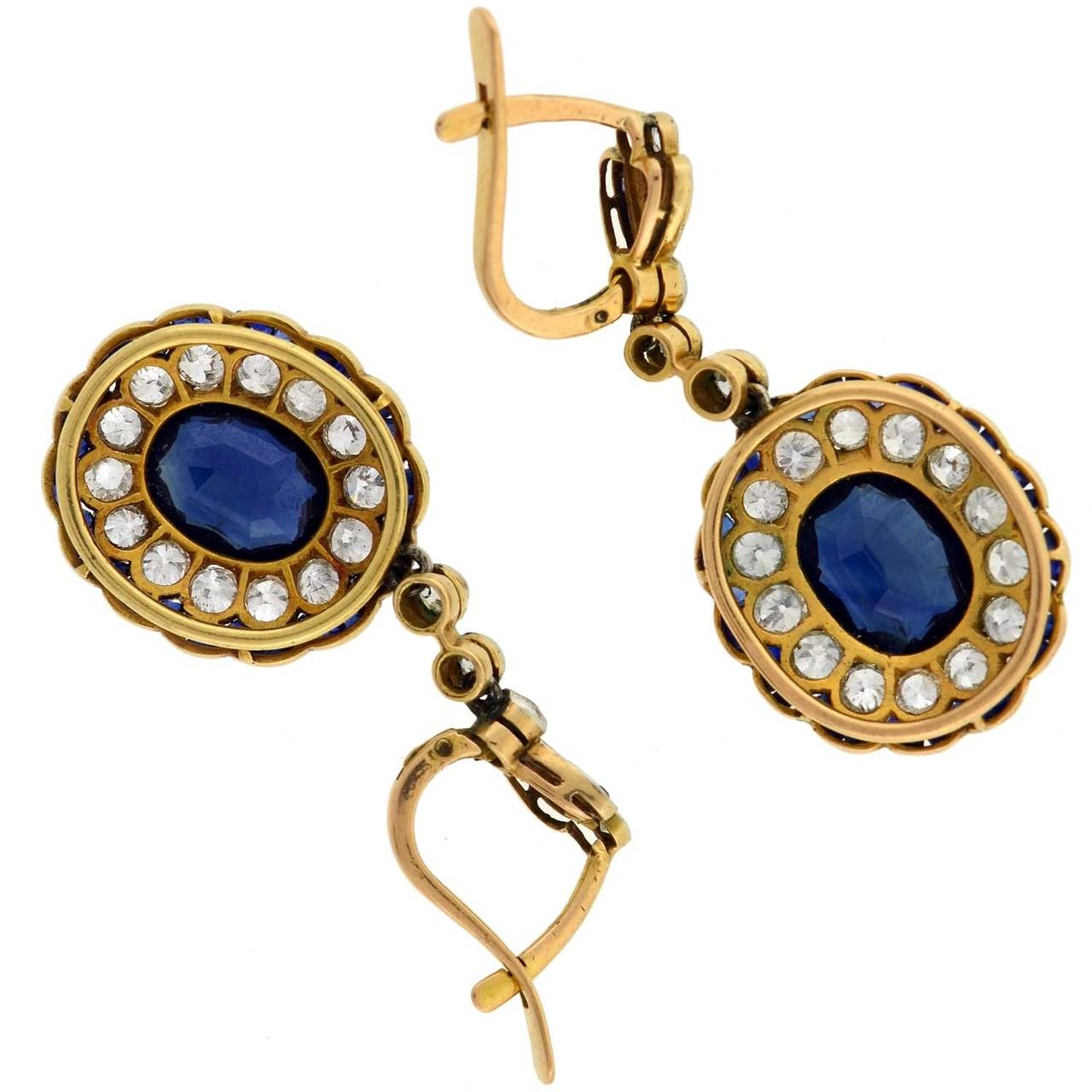 Women's Edwardian Natural Sapphire Diamond Gold Dangle Earrings