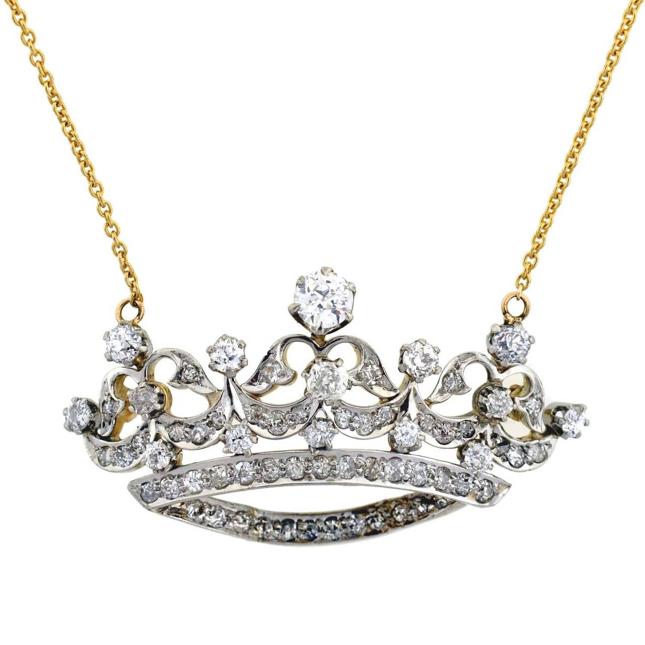 Edwardian Diamond Gold Platinum Crown Necklace